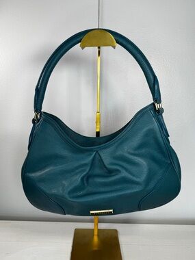 Burberry Pebbled Leather Shoulder Bag Teal Gold Hardware Quiet Luxury Hobo